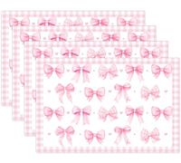 Cheerupp Pink Bow Theme Place Mats Set of 4, Bow Theme Home Decor, Non-slip Washable Reusable Table Mats for Indoor Outdoor Kitchen Dining Table Home Decorations 12 x 18 Inches