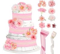 Cheerupp Pink Floral Theme Diaper Cake Decorations for Baby Shower Party, White Lace Ivory Cream Pink Ribbons Artificial Flowers Floral Stems Decor for Baby Shower Birthday Party Supplies