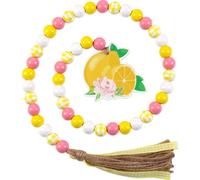Cheerupp Pink Lemon Wood Bead Garland with Tassels, Lemonade Decorative String Beads Home Decor, Rustic Farmhouse Beaded Garland with Jute Rope Tassel and Wooden Tag for Tiered Tray Window Wall Decor
