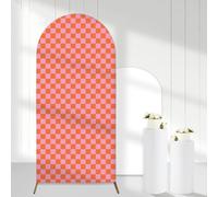 Cheerupp Pink Orange Checkered Arch Backdrop Covers, 6 Ft Stretchy Arch Backdrop Stand Covers, Photography Background Light Pink Plaid Arch Stand Covers for Wedding Birthday Baby Shower Party Decor