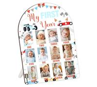 Cheerupp Race Car My First Year Photo Frame Wood Board, Racing Car Picture Frame 12 Months Newborn Milestone, Baby Photo Display, New Mom Keepsake Gifts for 1st Birthday Nursery Memories Decor