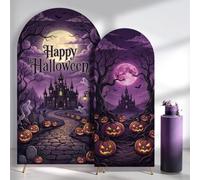 Cheerupp Set of 2 Happy Halloween Arch Backdrop Covers (7.2ft, 6ft), Purple Stretchy Backdrop Stand Covers, Spooky Season Photo Background Arch Stand Covers for Baby Shower Bday Wedding Party Decor