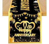 Cheerupp Wedding Anniversary Table Runner, Black Golden Happy Anniversary Linen Fabric Table Runner for Everyday Use 72 x 13 Inches, Washable Table Cover for Indoor Outdoor Kitchen Dining Table Decor