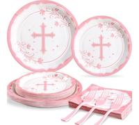 Cheery Land 100PCS First Communion Decorations pink and white Disposable Baptism Paper Plates and Napkins Party Supplies Decorations, Severs 25