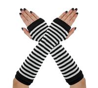 CHEERYMAGIC Arm Warmers Fingerless Gloves for Women Long Fingerless Gloves Knit Stretchy Thumbhole Striped Glove Cosplay Rock Gothic Christmas Carnival Women Clothes Costume A6-WZCXT(Black&White)