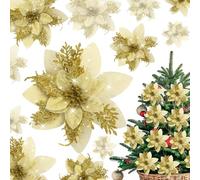CHEERYMAGIC Christmas Glitter Poinsettia Flowers, 10Pcs Artificial Christmas Flower Christmas Tree Decorations Xmas Flower Heads for Xmas Tree Wedding New Year Garland Wreaths Decor A7FZJFH