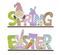 CHEERYMAGIC Easter Table Decorations,2PCS Wooden Spring Easter Sign Stand Table Decorations Gnome Bunny Rabbit Ornaments for Easter Crafts Home Decor Party, Easter Gifts for Kids A4-FHJMZBJ (2PCS)