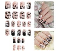 CHEERYMAGIC Halloween False Nails Short, Halloween French Press on Nails Black White Ghost Bat Stick on Full Cover Glue on Nail for Women Art Cosplay Decoration A4YLHMJP
