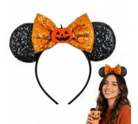 CHEERYMAGIC Mouse Ears Bow Headbands Pumpkin Orange Minnie Ears Sparkle Sequin Glitter Party Princess Decoration Halloween Cosplay Costume for Women Girls A21-NGMQFG