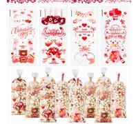CHEERYMAGIC Valentine Cellophane Treat Bags, 50pcs Heart Valentine Cookie Treat Bag Plastic Candy Sweet Gift Bags with Twist Ties for Valentine's Day Wedding Anniversary Party Favor Supplies A4QRJZSD