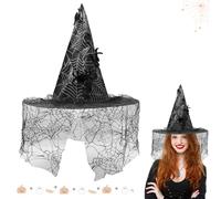 CHEERYMAGIC Witch Hat, Black Witches Hat, Halloween Pointed Wizard Hats with Veil Spider Web Patterns, Halloween Costume Fancy Dress Accessories Dress Up for Masquerade Parties Women Kids A9HZZWPM