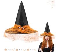 CHEERYMAGIC Witch Hat Witches Hat, Halloween Pointed Wizard Hat with Orange Veil for Adult Witch Costume Fancy Dress Accessories, Halloween Dress Up Witch Accessories for Masquerade Parties A9CSWSWPM