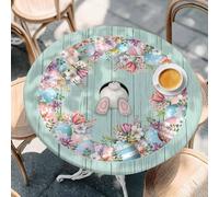 Chees D Zone Funny Easter Bunny Egg Fitted Tablecloth for Round,Retro Wood Board Kitchen Waterproof Table Cover with Elastic Edge,Spring Farm Rabbit Circle Table Covers for Indoor Party 36-44in