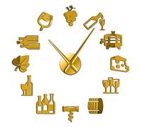 Cheese and Wine Modern Kitchen Art Stickers DIY Giant Large Wall Clock Alcoholic Drink Pub Bar Sign Cork Screw Decorative(Gold,37inch)