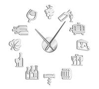 Cheese and Wine Modern Kitchen Art Stickers DIY Giant Large Wall Clock Alcoholic Drink Pub Bar Sign Cork Screw Decorative(Silver,37inch)