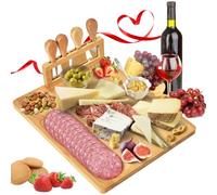 Cheese Board and 4 Stainless Steel Cutlery Set, Bamboo Charcuterie Board Set, Wooden Cheese Tray and Cheese Plate Set, Aperitif Tray,Perfect for Housewarming Wedding Birthday