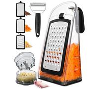 Cheese Grater with Garlic Crusher - Box Grater Cheese Shredder - Cheese Grater with Handle - Graters for Kitchen Stainless Steel Food Grater - Garlic Mincer Tool and Vegetable Peeler