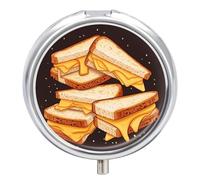 Cheese Sandwiches Pill Box 3 Compartment Small Pill Case with Mirror for Purse & Pocket Travel Medicine Organizer Daily Medication Container Portable Pillbox Metal Medicine Box Round Meds Case