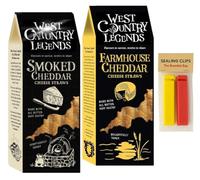 Cheese Straws bundle contains Smoked Cheddar, Farmhouse Cheddar, Pack of 2 x 100g, Sealing Clips x2