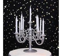 CheeseandU Mini Plastic Candle Holder Stand with 7Pcs Candelabra Taper Beautiful Vintage Candlestick Cake Topper Desk Ornament for Wedding Event Birthday Party Candelabra Cake Topper Silver