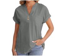 Cheesecloth Ladies Tops Summer Blouses & Shirts Button Down Casual V Neck Short Sleeve Cotton Linen Blouse Loose Dressy Clothing Office Work Baggy Solid Plain Linen Shirts Sale Gray