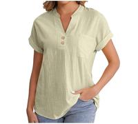 Cheesecloth Ladies Tops Summer Blouses & Shirts Button Down Casual V Neck Short Sleeve Cotton Linen Blouse Loose Dressy Clothing Office Work Baggy Solid Plain Linen Shirts Sale Khaki
