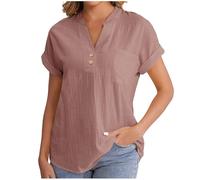 Cheesecloth Ladies Tops Summer Blouses & Shirts Button Down Casual V Neck Short Sleeve Cotton Linen Blouse Loose Dressy Clothing Office Work Baggy Solid Plain Linen Shirts Sale Pink