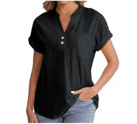 Cheesecloth Ladies Tops Summer Blouses & Shirts Button Down Casual V Neck Short Sleeve Cotton Linen Blouse Loose Dressy Clothing Office Work Baggy Solid Plain Linen Shirts Sale Black
