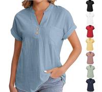 Cheesecloth Ladies Tops Summer Blouses & Shirts Button Down Casual V Neck Short Sleeve Cotton Linen Blouse Loose Dressy Clothing Office Work Baggy Solid Plain Linen Shirts Sale Blue