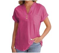 Cheesecloth Ladies Tops Summer Blouses & Shirts Button Down Casual V Neck Short Sleeve Cotton Linen Blouse Loose Dressy Clothing Office Work Baggy Solid Plain Linen Shirts Sale Hot Pink