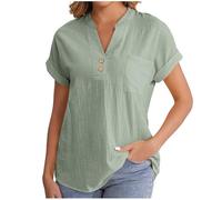 Cheesecloth Ladies Tops Summer Blouses & Shirts Button Down Casual V Neck Short Sleeve Cotton Linen Blouse Loose Dressy Clothing Office Work Baggy Solid Plain Linen Shirts Sale Clearance Army Green