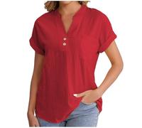 Cheesecloth Ladies Tops Summer Blouses & Shirts Button Down Casual V Neck Short Sleeve Cotton Linen Blouse Loose Dressy Clothing Office Work Baggy Solid Plain Linen Shirts Sale Red