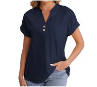 Cheesecloth Ladies Tops Summer Blouses & Shirts Button Down Casual V Neck Short Sleeve Cotton Linen Blouse Loose Dressy Clothing Office Work Baggy Solid Plain Linen Shirts Sale Navy