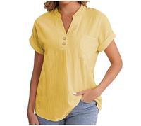 Cheesecloth Ladies Tops Summer Blouses & Shirts Button Down Casual V Neck Short Sleeve Cotton Linen Blouse Loose Dressy Clothing Office Work Baggy Solid Plain Linen Shirts Sale Yellow