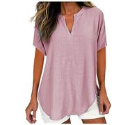 Cheesecloth Ladies Tops,Womens Casual Cotton Tunic Linen Tops Notch Neck 3/4 Sleeve Long Sleeve Drop Shoulder Longline Solid Chic Swing Loose Blouses T Shirts Comfortable Plus Size Pink