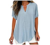 Cheesecloth Ladies Tops,Womens Casual Cotton Tunic Linen Tops Notch Neck 3/4 Sleeve Long Sleeve Drop Shoulder Longline Solid Chic Swing Loose Blouses T Shirts Comfortable Plus Size Sky Blue
