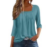 Cheesecloth Shirts Women A Solid Color T Shirt with A Square Neck for Ladies A Casual Pleated Loose and Flowing Three Quarter Sleeve Top Short Zipped Tops Women UK Ladies Shirts Size 18 Sky Blue