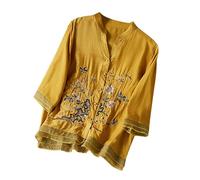 Cheesecloth Shirts Women Bohemian Embroidery Mexican Tops Women's Summer Boho Cotton Linen Shirt Hippie Peasant Blouse 3/4 Sleeve V Neck Tunic Blouses