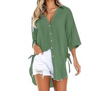 Cheesecloth Tops 3/4 Sleeve Shirts for Women UK V Neck Cotton Linen Plus Size Blouses Button Down Basic Loose Fit Tunic Tops Casual Lightweight Basic Trendy Plain Tees (Green, XXXXL)