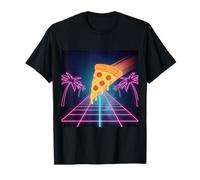 Cheesy Pepperoni Pizza Slice Retro 80s Grid Outrun Vision T-Shirt