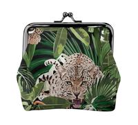 Cheetah and Leopards Palm Leaves Tropical Black, PU Leather Coin Purse, Small Wallets, Change Pouch with Kiss Lock Clasp Buckle, Change Purse