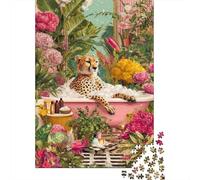 Cheetah Bathtub 1000 Piece Jigsaw Puzzle Puzzle Game for Family for Adults Floral Relax Home Gift 38x26cm/1000pcs