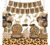 Cheetah Birthday Decorations Leopard Print Party Supplies Including Happy Birthday Banner Cake Toppers Hanging Swirls Tableware Tablecloth Balloons for Jungle Safari Print Party Baby Shower Serves 20