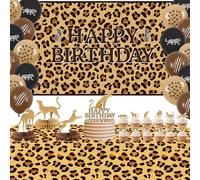 Cheetah Birthday Party Decoration - Leopard print Party Supplies Include Happy Birthday Backdrop Cake Toppers Tablecloth Balloons for Jungle Safari, Baby Shower