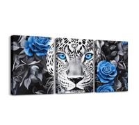 Cheetah Canvas Wall Art Blue Rose Paintings Wall Decor,Black and White Grey Leopard Print Framed Wall Art for Living Room,African Animals Flowers Canvas Artwork Paintings 3 Piece Pictures Wall Decor