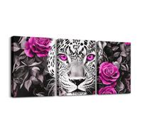 Cheetah Canvas Wall Art Magenta Rose Canvas Art Prints,Black and White Grey Leopard Print Framed Wall Art for Living Room,African Animals Flowers Canvas Artwork Paintings 3 Piece Pictures Wall Decor