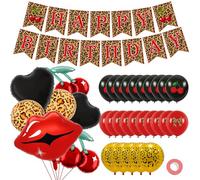 Cheetah Cherry Birthday Decorations,Leopard Brithday Banner,Cherry Print,Red Lips,Cheetah Pattern,Black Heart Foilballoons for Bachelorette Party Safari Animal Birthday Party Decor Sulpplies for Women