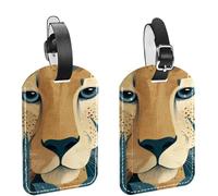 Cheetah Face on Exotic Leaves Luggage Tags for Suitcase, 2 Pack Leather Baggage Identifier with Privacy Flap and Name ID Label for Women Men Travel