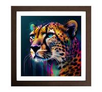 Cheetah Glitch Art No.2 Framed Print | 18x18 Inch Walnut Framed Wall Art | Ready to Hang | Eclectic Animal Picture | Living Room Bedroom Lounge Office