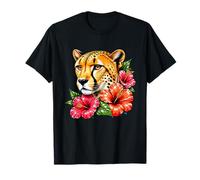 Cheetah Head with Tropical Hibiscus Flowers T-Shirt
